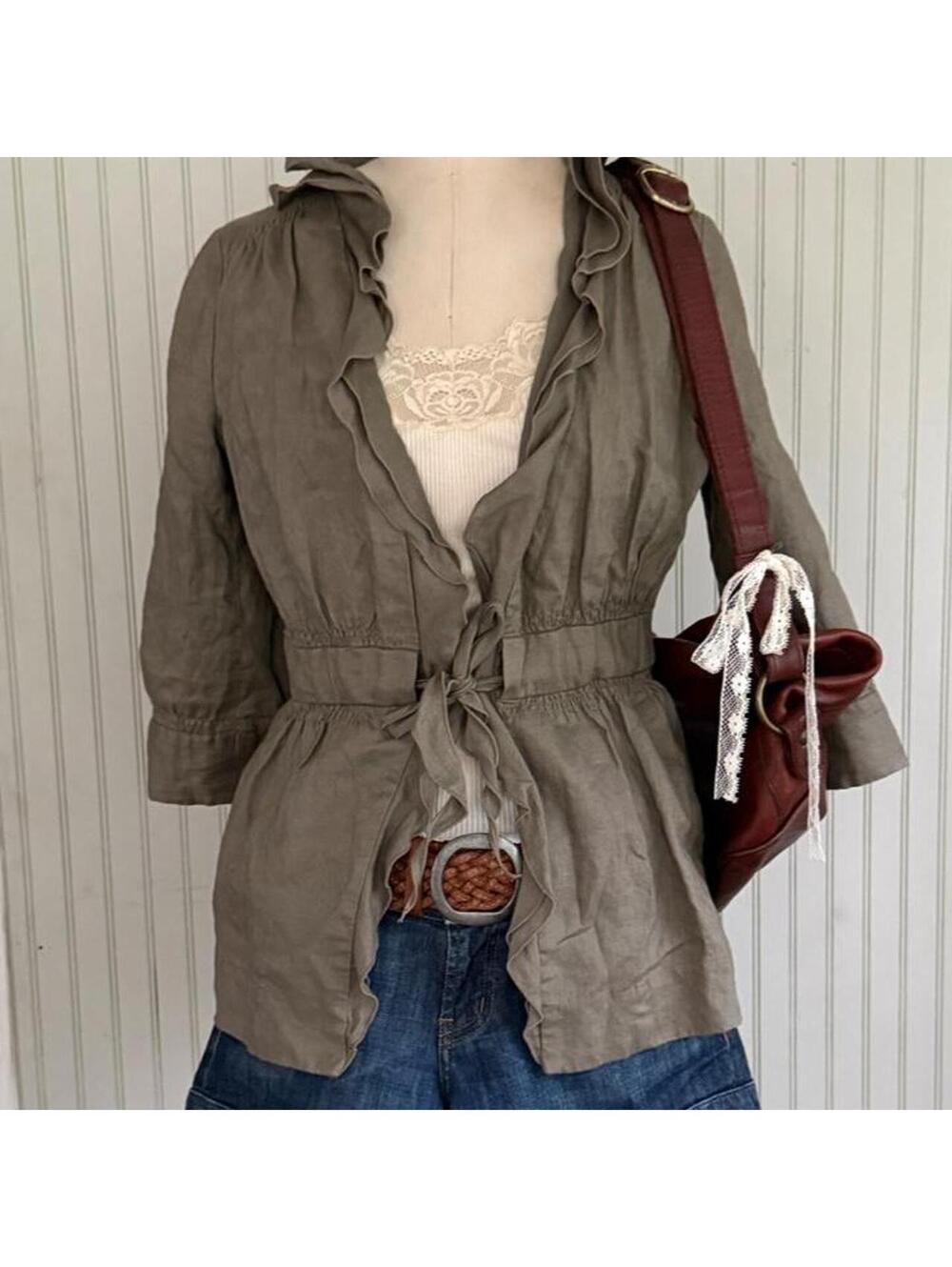 Zara Olive Linen Ruffle Collar Jacket Cinched Waist Tie